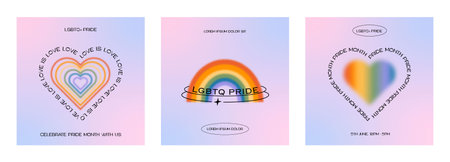 Set of trendy minimalist queer aesthetic square cards with retro gradient blur rainbow and heart. LGBTQIA Pride Month social media templates with Y2K 90s linear design. Vector illustration.のイラスト素材