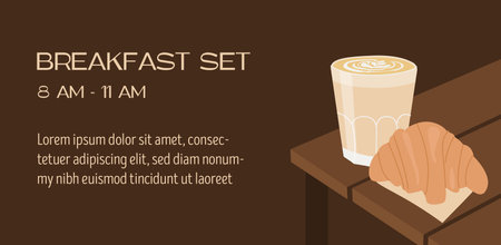 Web banner template with latte cup and croissant. Cafe scene with specialty coffee on the table. Horizontal poster for french breakfast promo with freshly brewed drink and pastry. Vector illustration.のイラスト素材