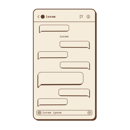 Retrowave aesthetic design for social media private message window. Messenger app with vintage nostalgic UI. Speech bubbles with place for text. Retro computer interface. Vector flat illustration.のイラスト素材