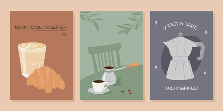 Turkish cezve pot and cup of hot freshly brewed specialty coffee. French breakfast. Latte and croissant. Moka pot with funny text. Alternative coffee brewing methods posters. Vector flat illustration.のイラスト素材
