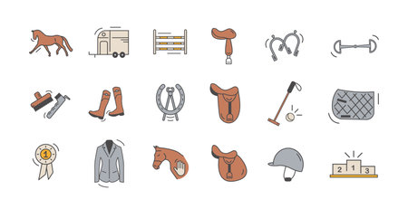 Horse Riding Essentials Flat Colored Icon Set. Vector Illustration of Equestrian Gear, Equipment and Activities in Minimal Outline Style.のイラスト素材
