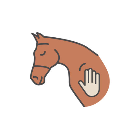 Icon of horse head and human hand touch. Concept for hippotherapy, horse therapy or healing. Physiotherapy for horses. Natural horsemanship. Equine Acupuncture. Vector illustration isolated on white.のイラスト素材