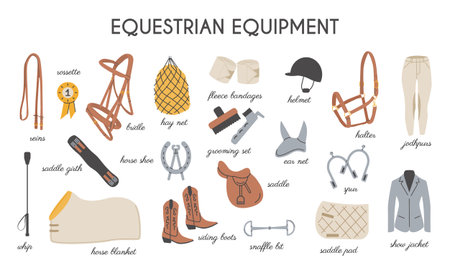 Horse riding colored flat icons vector set. Equestrian equipment illustrations in trendy modern hand drawn style. Equine sports signs. Dressage, show jumps elements. Horse stable tools.のイラスト素材