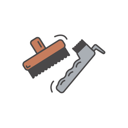 Flat colored icon of brush hoof pick tools for grooming horse. Vector illustration or logo for groom, horse riding school or trekking.のイラスト素材