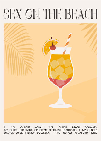 Sex On The Beach Tropical Cocktail garnished with orange and cherry. Classic alcoholic beverage recipe wall art print. Summer aperitif poster. Minimalist alcoholic drink placard. Vector illustration.のイラスト素材
