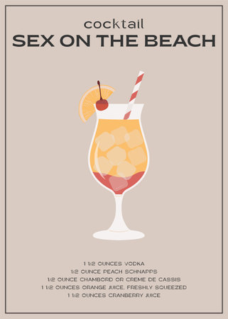 Sex On The Beach Tropical Cocktail garnished with orange and cherry. Classic alcoholic beverage recipe wall art print. Summer aperitif poster. Contemporary alcoholic drink placard. Vector illustrationのイラスト素材