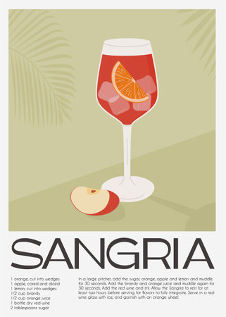 Classic Sangria cocktail with slice of orange and apple. Traditional Spanish drink with fruits and berries. Summer aperitif retro minimal poster. Wall art print with alcoholic beverage. Vector .のイラスト素材