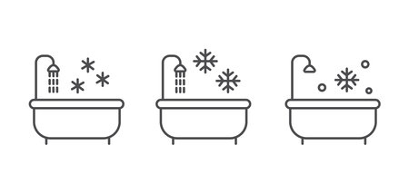 Set of outline icons with bathtub and cold water. Concept of ice bathing for healthy lifestyle. Body hardening procedures. A shower with cold water. Therapy with ice water.のイラスト素材