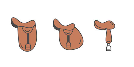 Horse Saddle Set Icons. Western, Dressage, Jumping Equipment. Flat Outline Colored Vector Illustrations for Equestrian Sports, Riding Gear and Outdoor Adventures.のイラスト素材