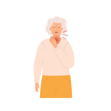 Elderly woman experiencing throat pain and touching her neck with a pained expression. Senior lady is unwell with a sore throat and cold. Flat Style Vector Illustration isolated on white background.のイラスト素材