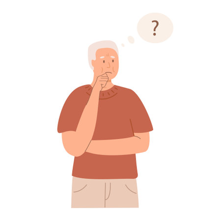 Elderly man experiencing confusion, memory loss, thinking with a puzzled expression and question mark. Alzheimer disease dementia concept. Male person solving problem, making decision. Vector.のイラスト素材