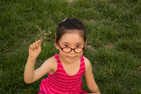 The cute little girl on the grassの写真素材