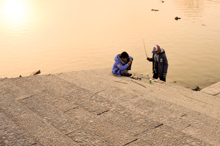 Children playing in the riverのeditorial素材
