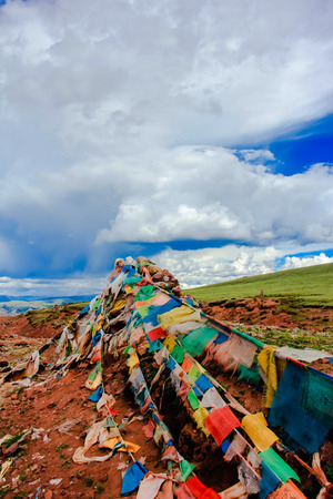 Colorful prayer flags in Tibetの写真素材