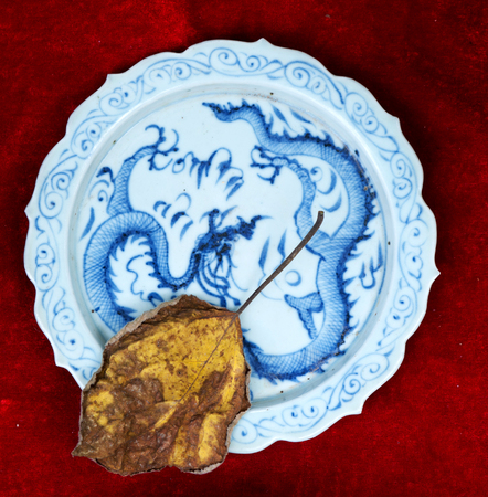 Antique porcelain blue and white plate の写真素材