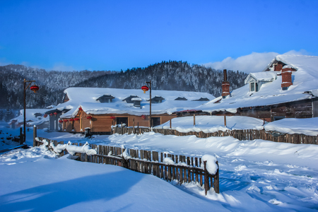 Village covered in snowの写真素材