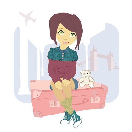 Woman sitting on suitcaseのイラスト素材