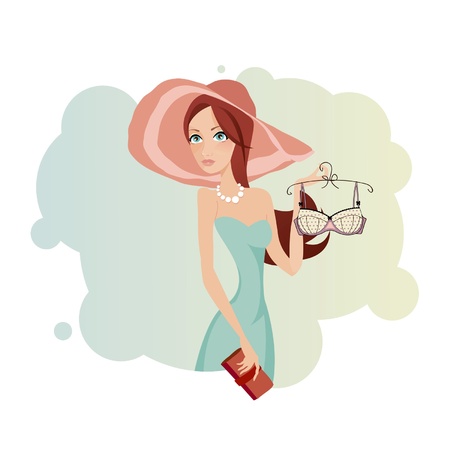 Pretty girl tries on lingerieのイラスト素材