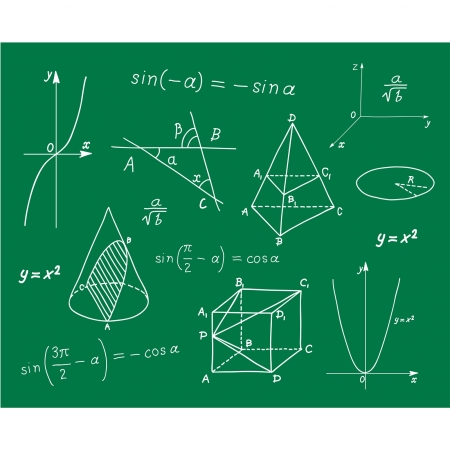 Mathematics -  geometric shapes and expressions  sketches on school board のイラスト素材