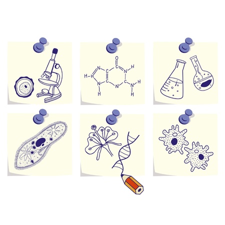 Biology and science icons, sketchers and formulas on yellow memo sticksのイラスト素材