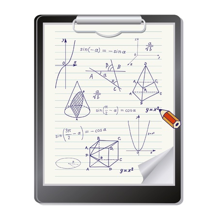  Clipboard with mathematics geometric shapes and expressions sketchesのイラスト素材