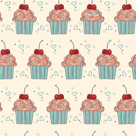 Vector seamless pattern with decorative cupcakes in vintage colorsのイラスト素材