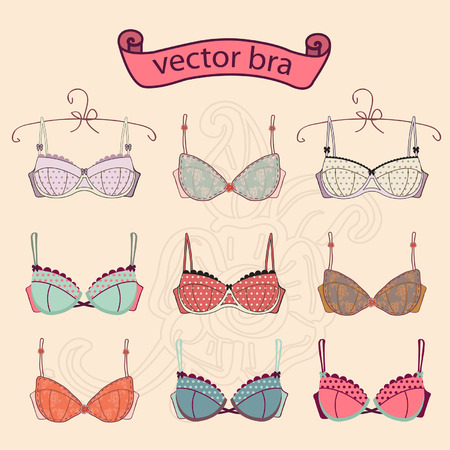 Set of  vintage different female fashion bra icons.のイラスト素材