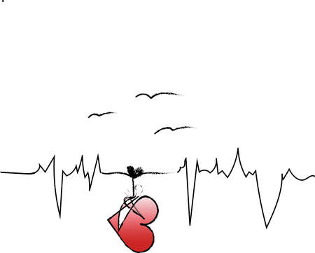 Red hearts hanging on a throbbing thread threatened by flying birds
