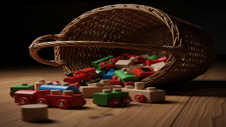Wooden toy cars in a basket on a wooden floor and black backgroundの素材