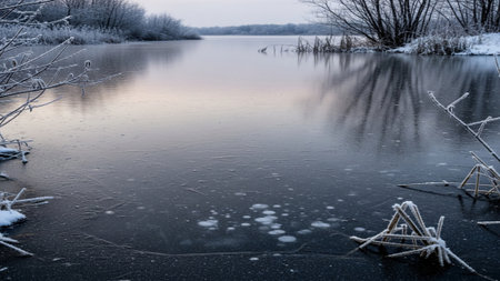 Winter landscape with frozen river, trees and ice on the water.の素材