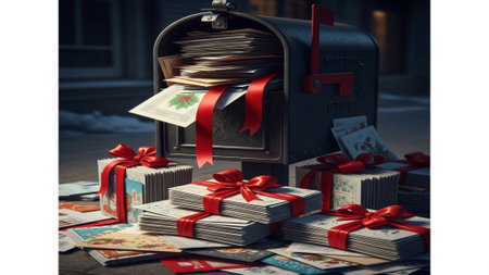 Mailbox full of paper money with red ribbon on the street.の素材