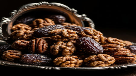Pecan nuts in a bowl on a wooden background. Selective focus.の素材