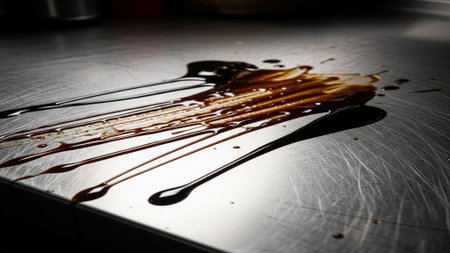 closeup of a chocolate drizzle on a stainless steel kitchen tableの素材