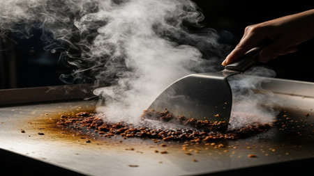 Coffee beans being fried in a wok on a black backgroundの素材