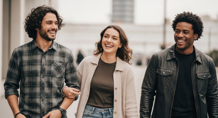 Group of young multiracial friends walking in the city. They are smiling and looking at camera.の素材