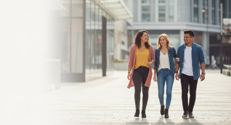 Group of friends walking in the street. They are holding hands and smiling.の素材