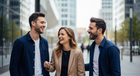 Group of happy young business people walking in the street and talking.の素材
