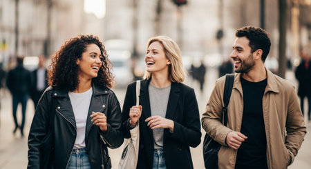 Multiethnic group of friends walking on the street and talking.の素材
