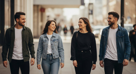 Group of young people walking in the city, talking and smiling.の素材