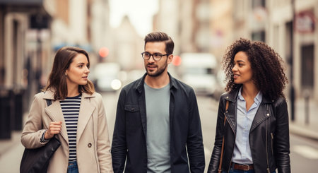 Beautiful young couple is walking in the city. They are looking at each other and smiling.の素材
