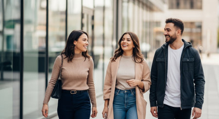 Beautiful young couple is walking together and smiling. They are walking in the city.の素材