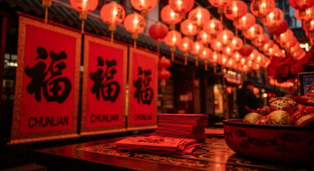 Chinese lanterns on the table in chinese temple, chinaの素材