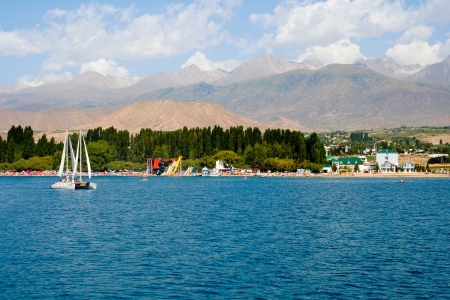 View of the coast of the Issyk-Kul with The sides of the waterのeditorial素材