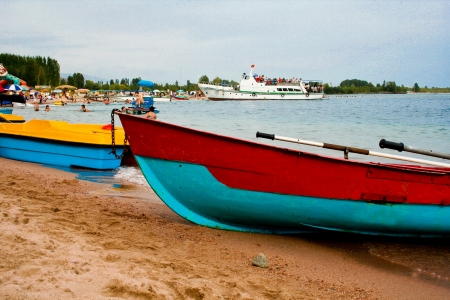 Old boat on the shore of Lake Issyk-Kulのeditorial素材