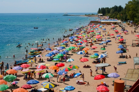 Beach on Lake Issyk-Kul  top viewのeditorial素材