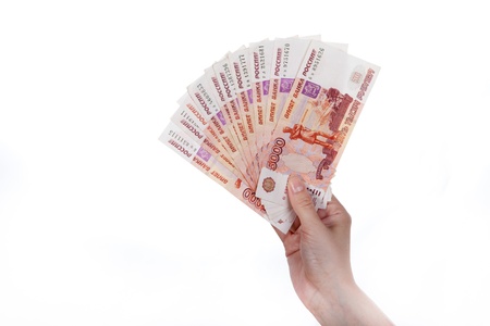 money in hand on white backgroundの写真素材