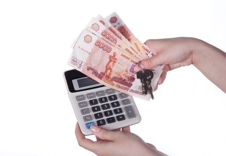 money in hand on white backgroundの写真素材