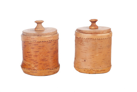 boxes with a lid made ââof birch bark on a white backgroundの写真素材