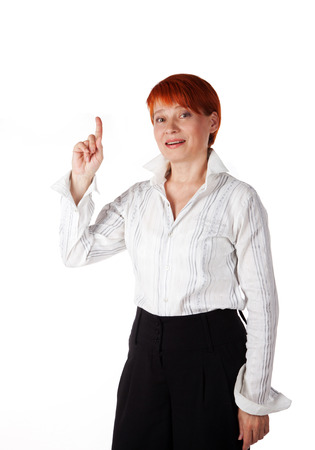 cheerful woman with a good idea on a white backgroundの写真素材