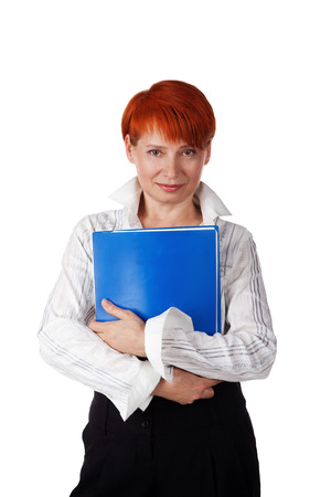 woman holding office folders on a white backgroundの写真素材